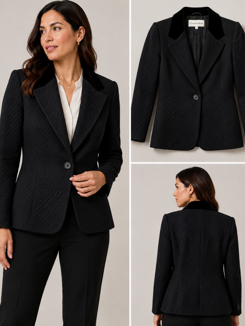 Oscar de la Ranta black one button texture blazer  6 office career quilt luxury